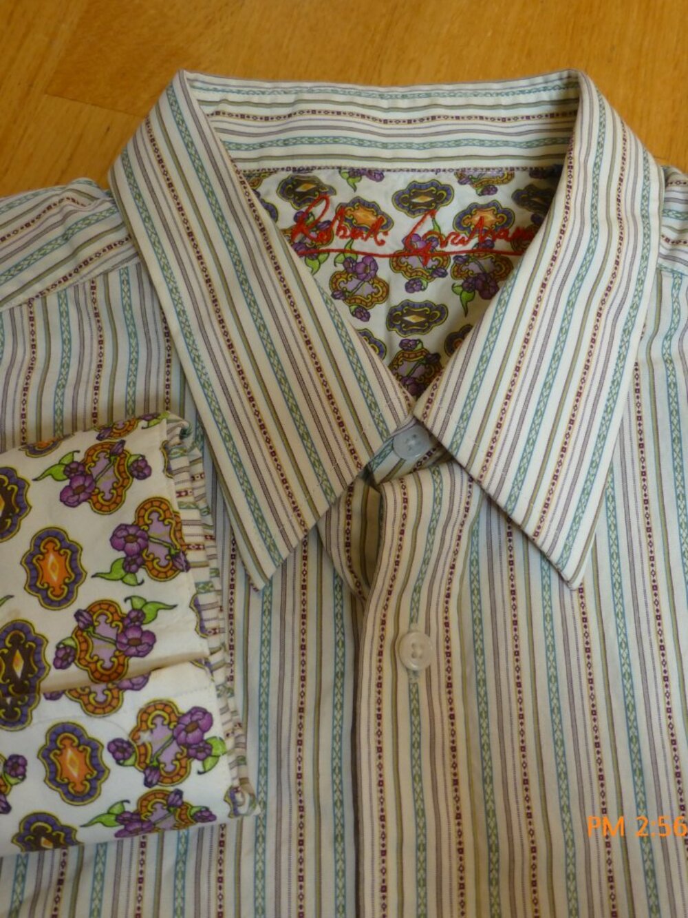 Robert Graham Flip Cuff Men's Cream Green Stripe Long Sleeve Shirt Collar 2XL